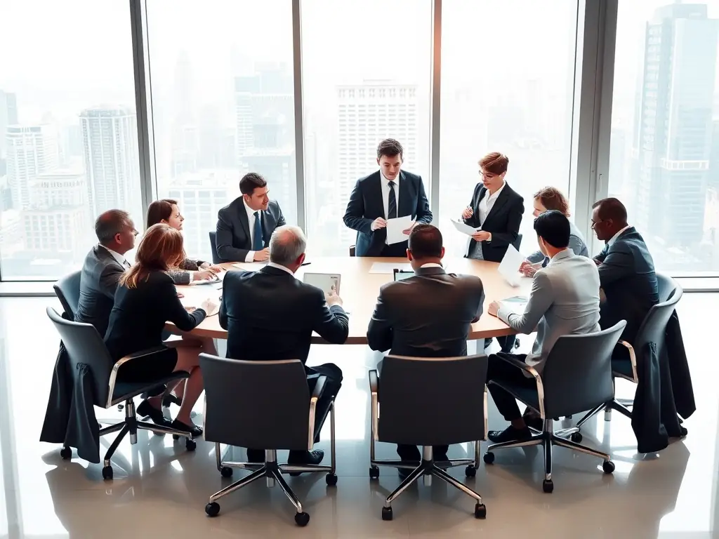 A business meeting with lawyers discussing corporate strategies, highlighting the firm's expertise in corporate law.