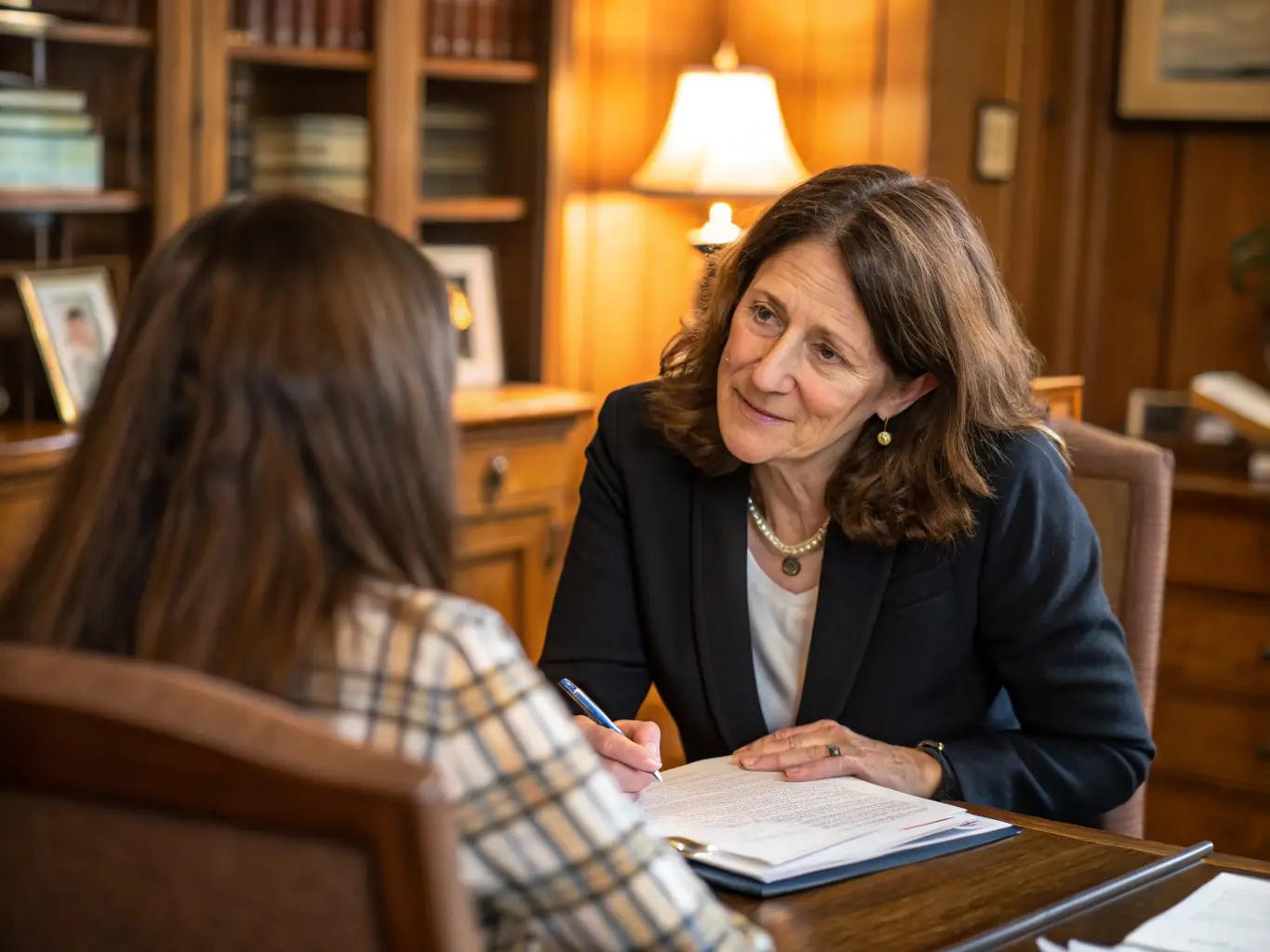 A family lawyer consulting with a client in a warm office setting, conveying empathy and understanding in family law matters.